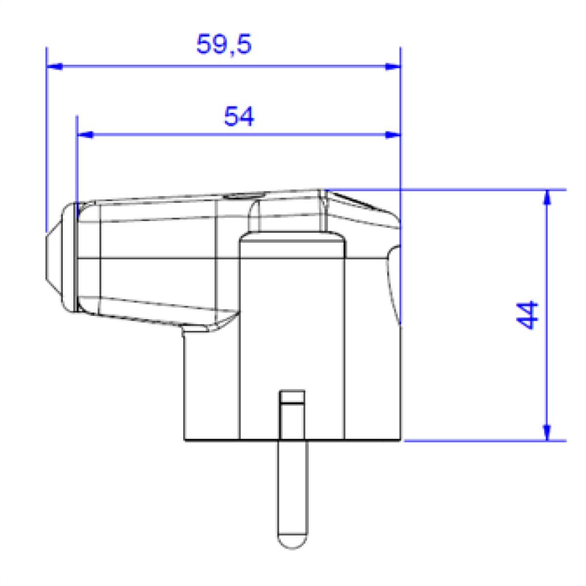 Technische tekening van een stekker. Afmetingen en dimensies zijn aangegeven.