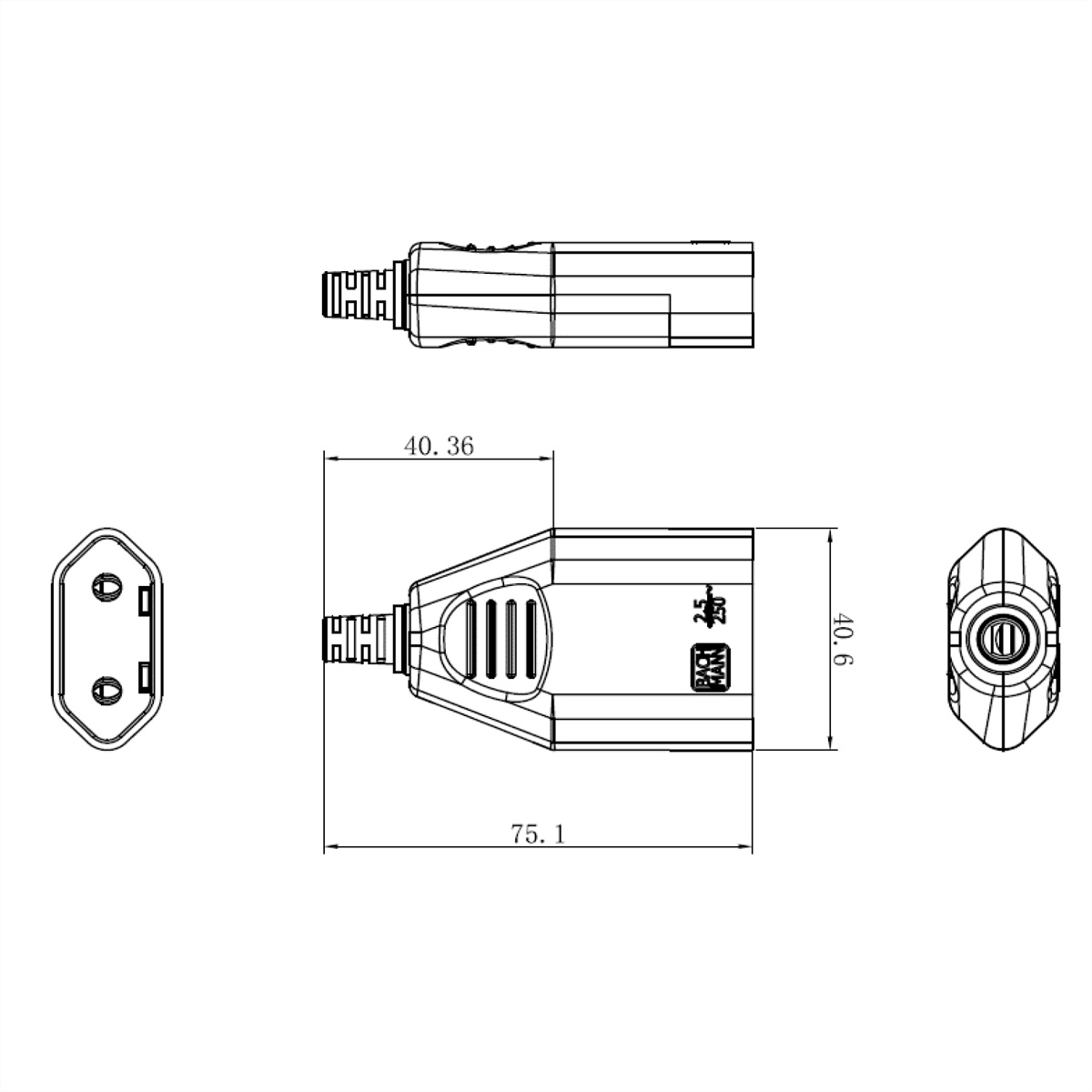 Technische tekening van elektrische stekker, meerdere aanzichten met afmetingen en meetlabels.