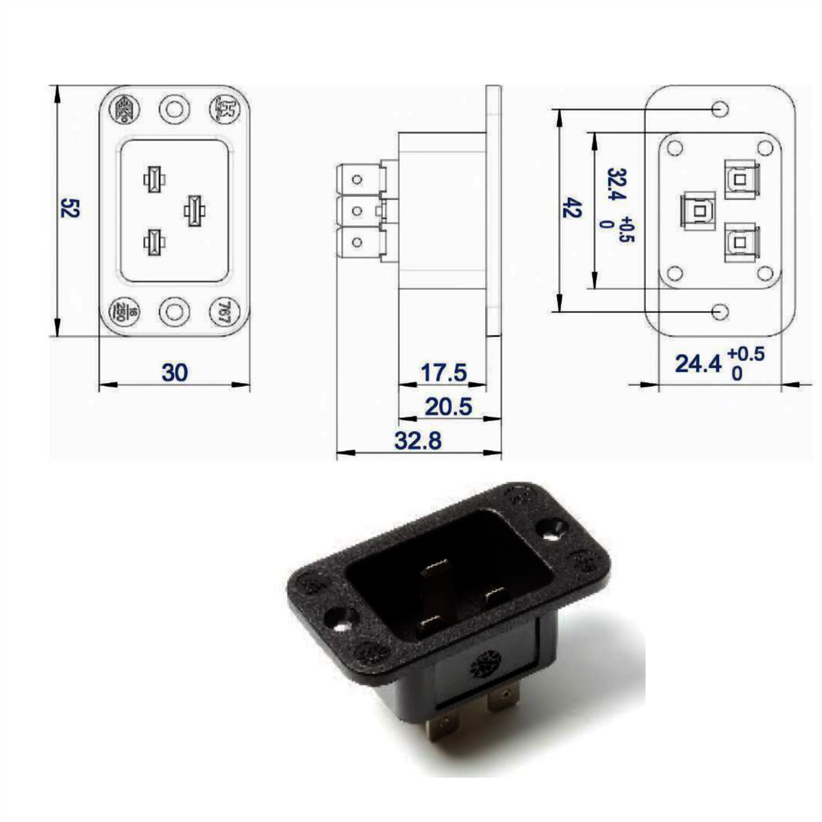 Zwart stopcontact met diagrammen en afmetingen.