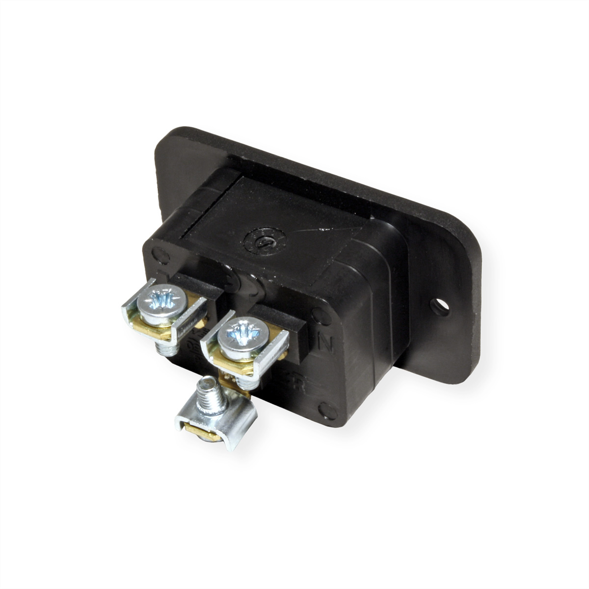 Zwarte elektrische connector. Het heeft drie aansluitingen, metalen schroeven en een montageplaat.