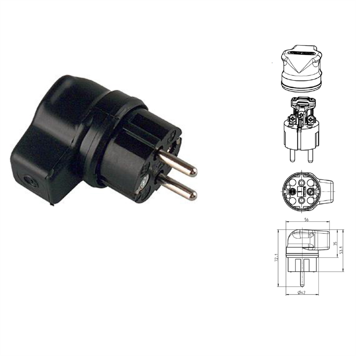 Schwarzer Stecker mit Diagrammen und Abmessungen.