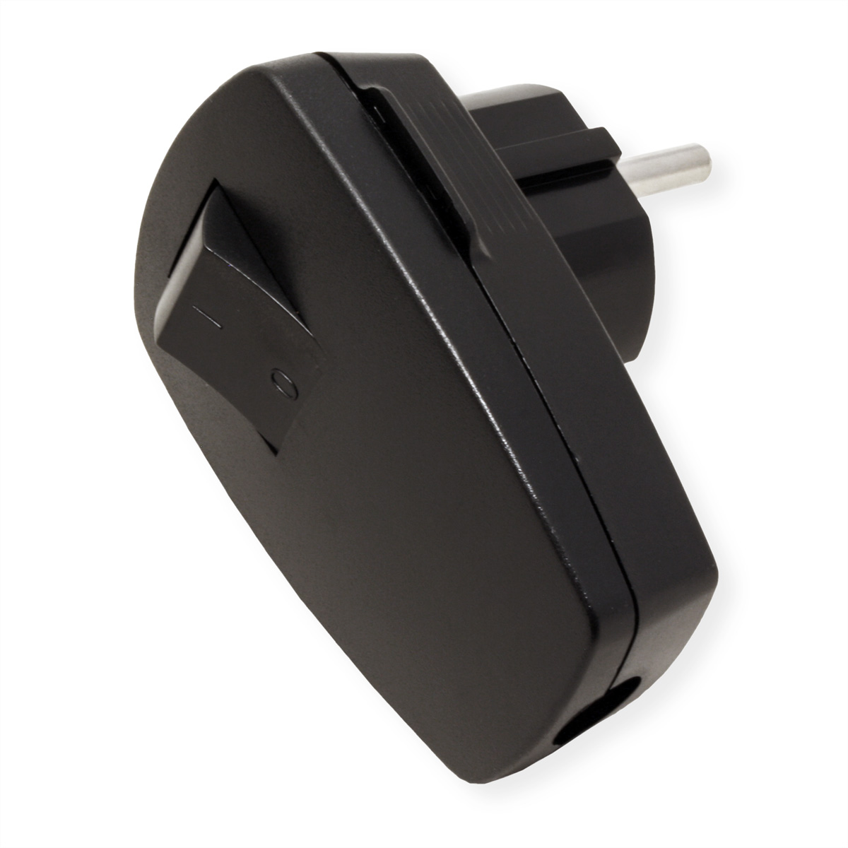 Zwarte stroomadapter met aan-uitschakelaar. Het heeft een stekker en een schakelaar.