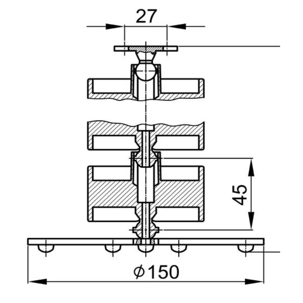 Technische tekening van een component, met afmetingen en dwarsdoorsneden.