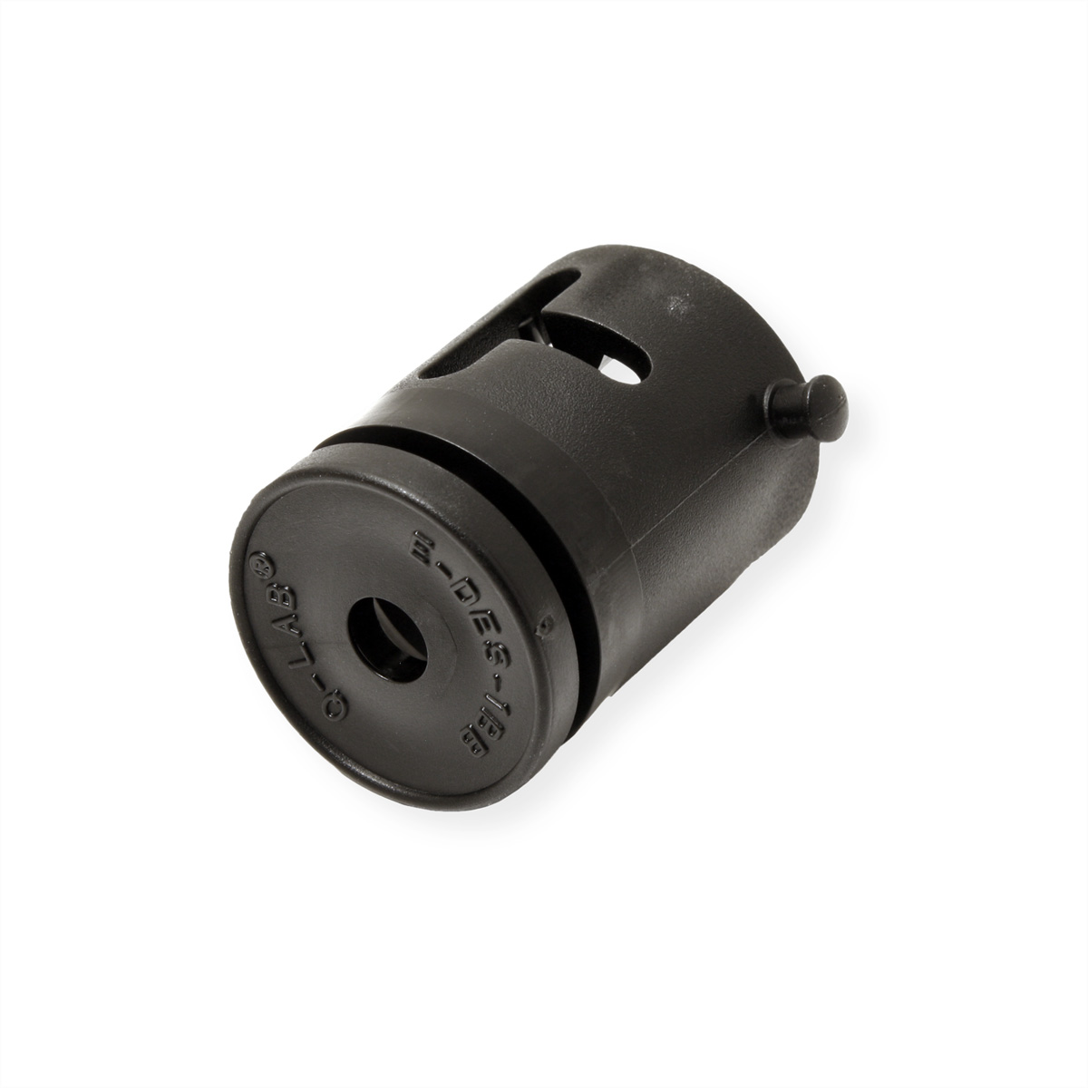 Zwarte elektrische connector, cilindrisch met een kleine knop en een gat, waarschijnlijk voor kabelinvoer.