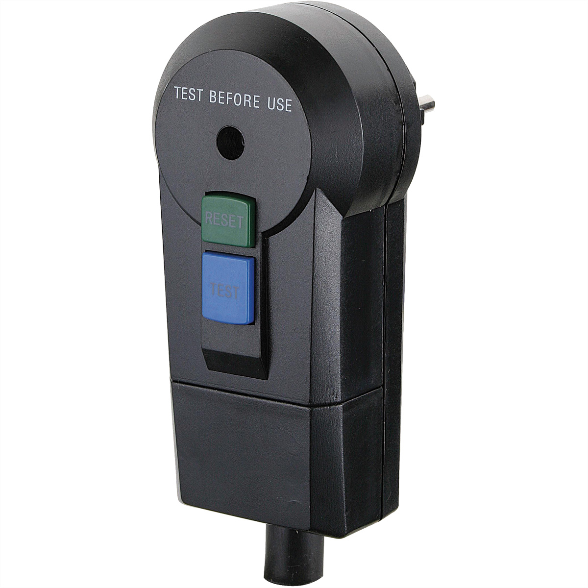 Un tester elettrico nero con due pulsanti etichettati 'RESET' e 'TEST'.
