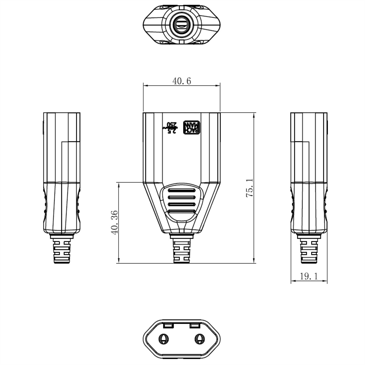 Disegno tecnico di una spina e le sue dimensioni. Include viste dall'alto, laterali e frontali.