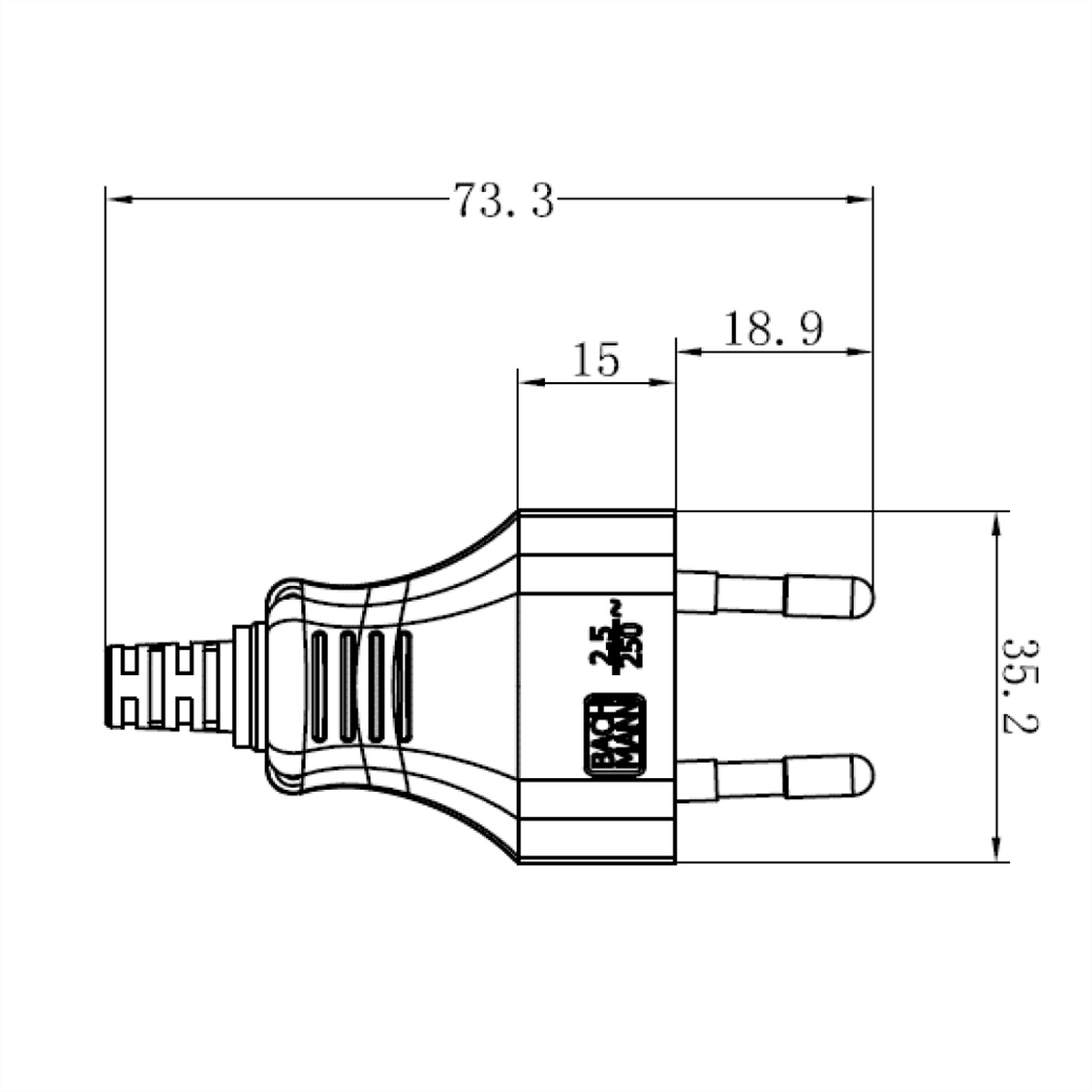 Technische tekening van een stekker met afmetingen in millimeters.