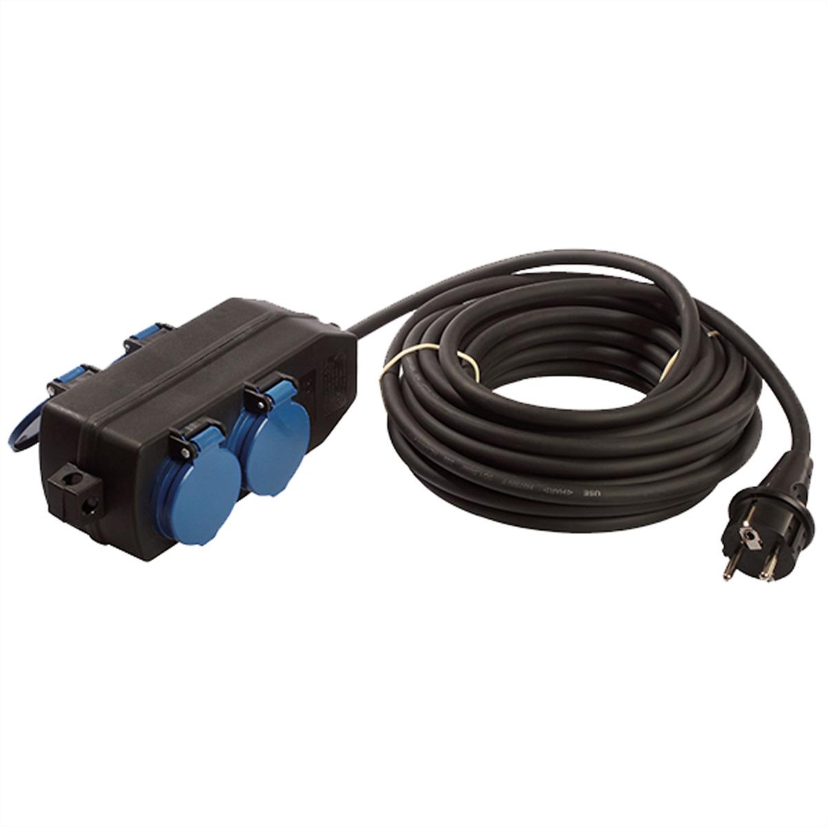 Czarna listwa zasilająca z niebieskimi gniazdami i długim czarnym kablem na białym tle.