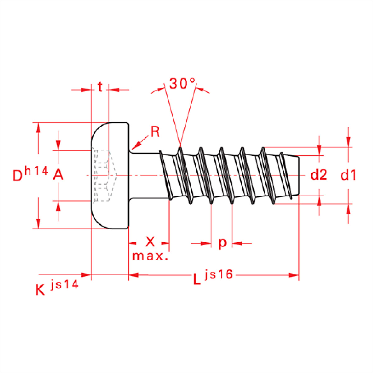 Technische tekening van een schroef met afmetingen.
