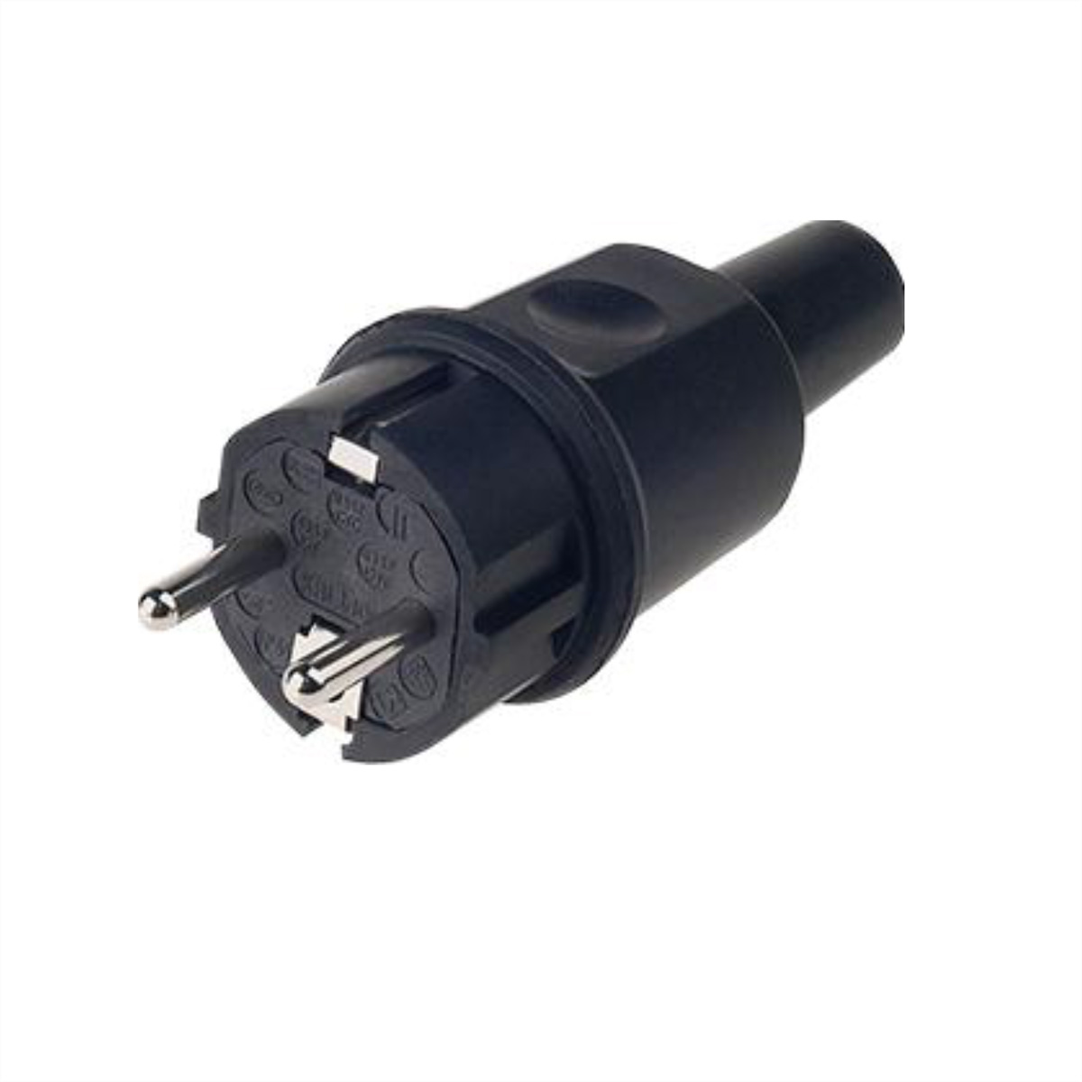 Schwarzer elektrischer Stecker mit dickem schwarzen Kabel. Weißer Hintergrund.