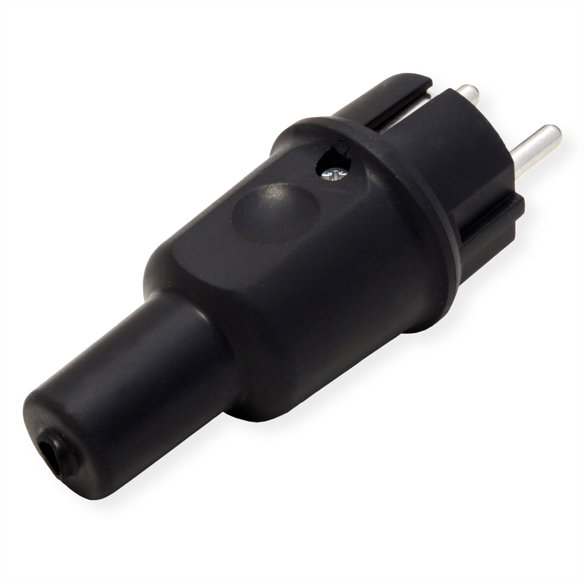 Schwarzer europäischer Stecker mit drei Stiften auf weißem Hintergrund.