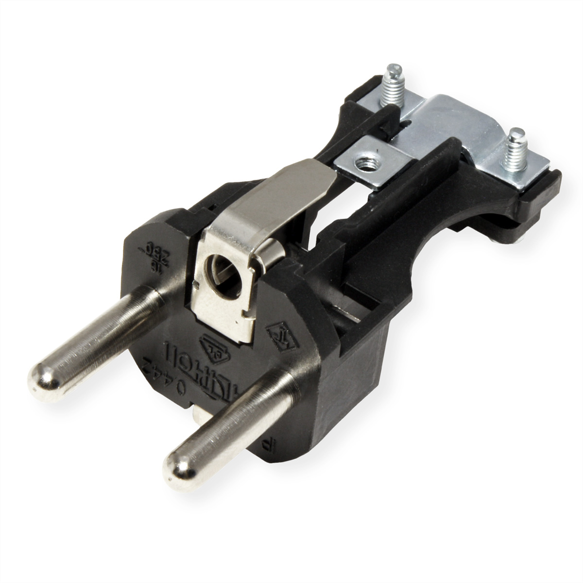 Elektrischer Stecker mit Metallstiften, schwarzem Gehäuse und einem silbernen Clip. Weißer Hintergrund.
