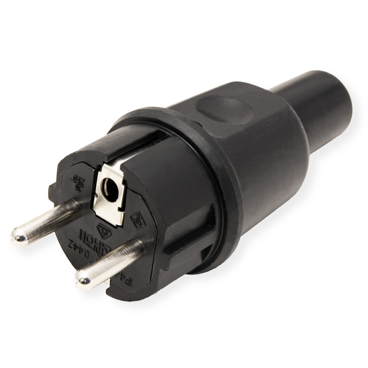 Schwarzer Netzstecker mit zwei Stiften. Er hat eine abgerundete Form.