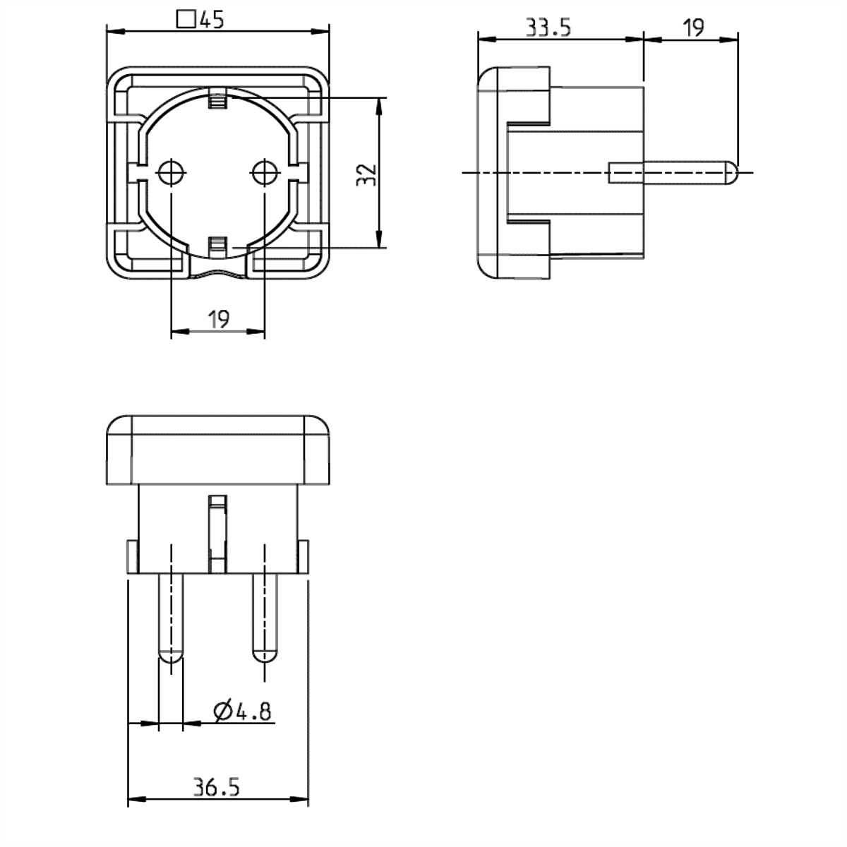 Technische tekening van een stopcontact met afmetingen. Witte achtergrond.