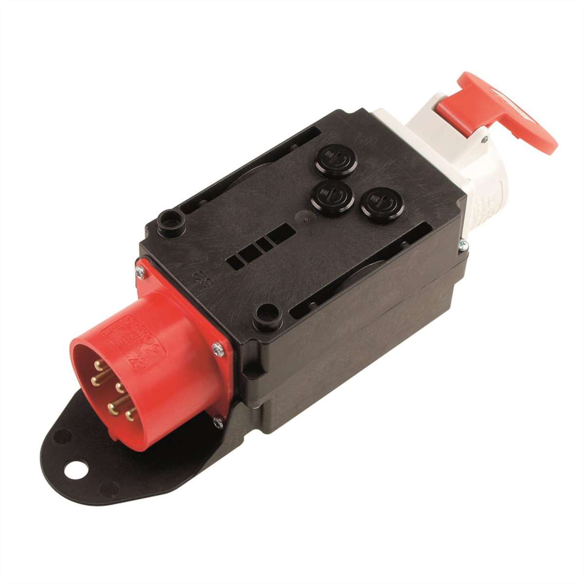 Zwarte en rode elektrische connector met een hendel. Het heeft meerdere pinnen en een montagegat.