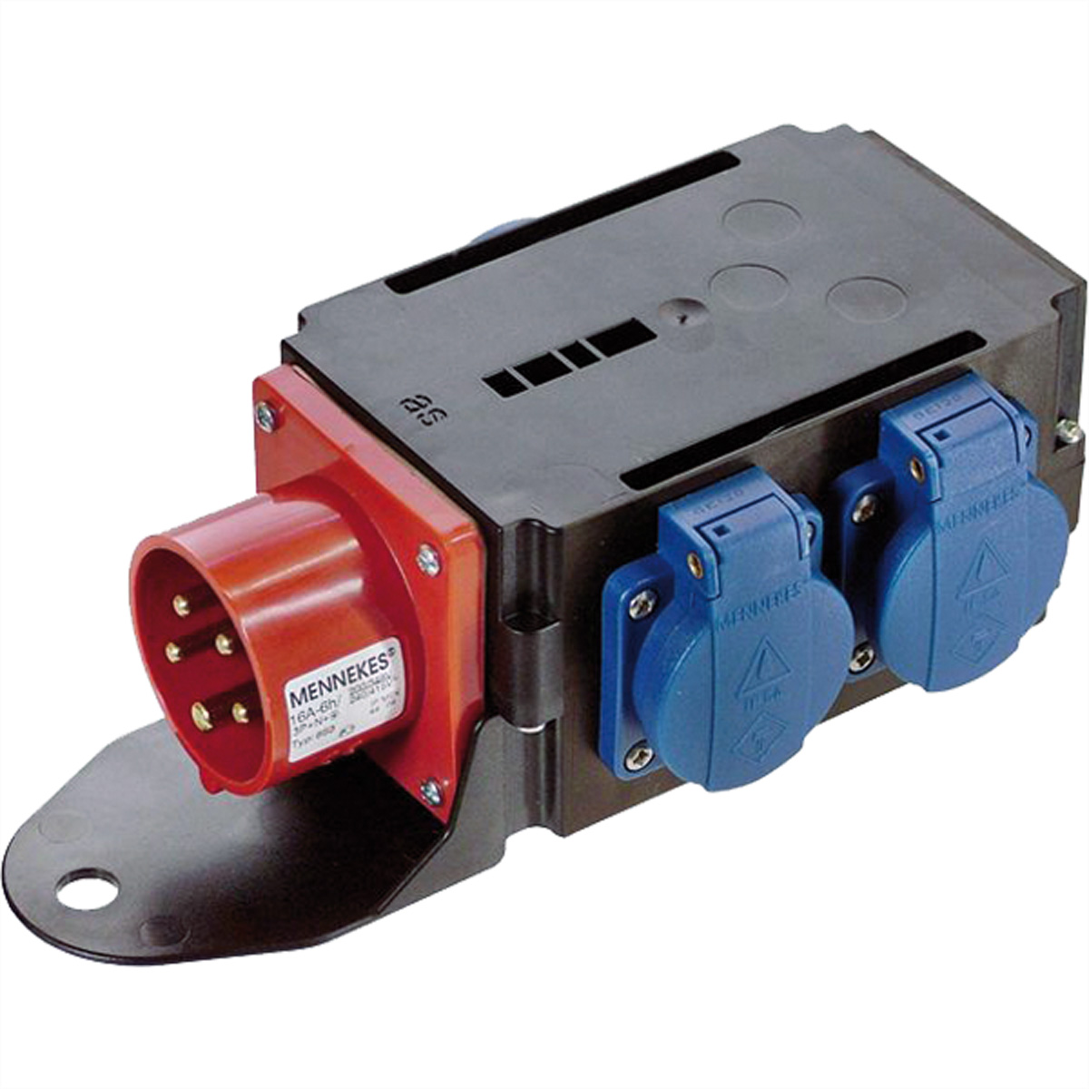 Connettore elettrico nero e rosso con due prese blu. Sfondo bianco.