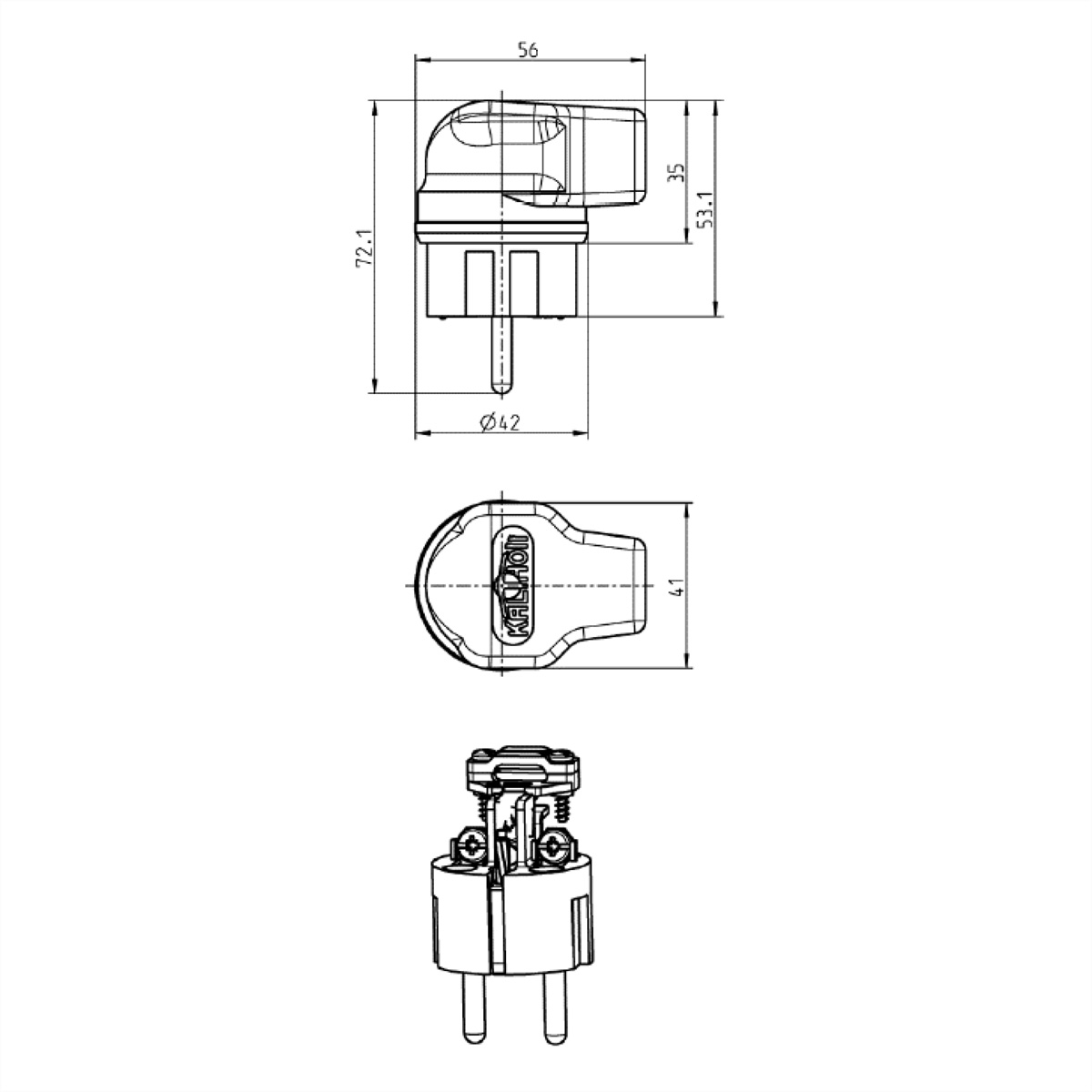 Technische tekening van een elektrische stekker met afmetingen.