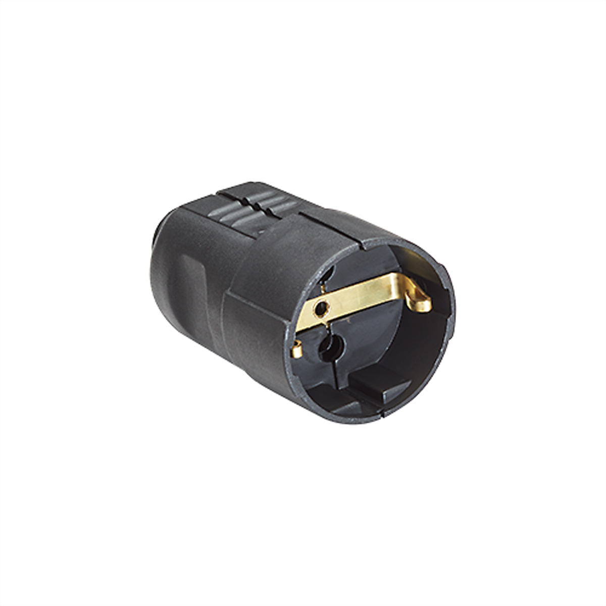 Zwarte elektrische connector met een goudkleurig contact, schuin en een compact, afgerond ontwerp.