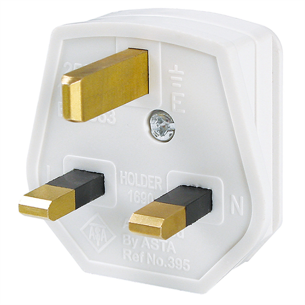 Witte Britse stekker met drie pinnen, twee zwart en goud, een goud.