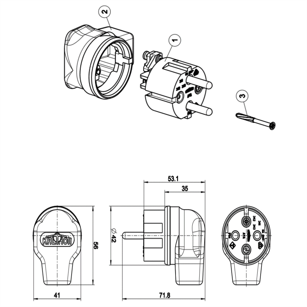 Diagram van stekkeronderdelen en afmetingen. Witte achtergrond.