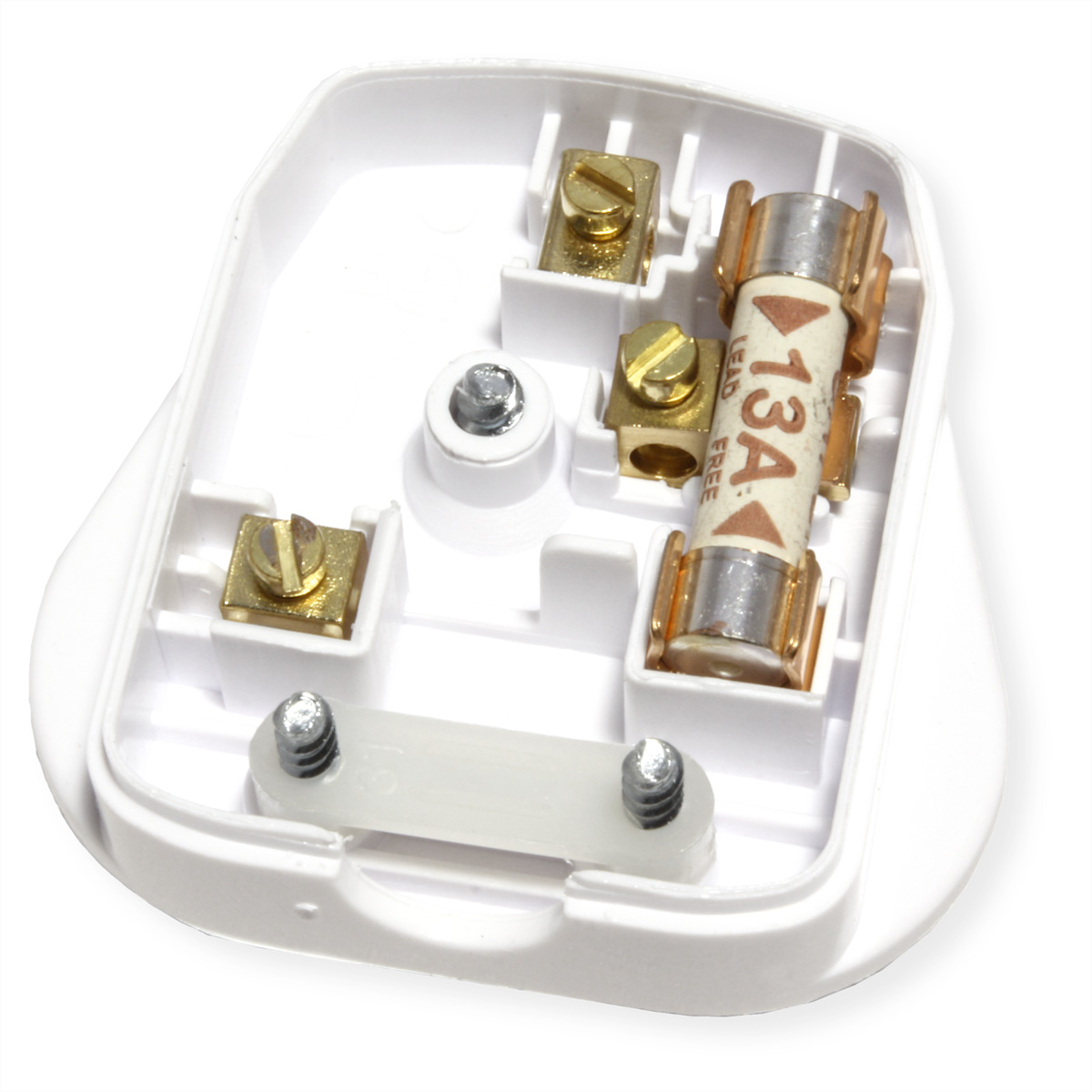 Open witte stekker met interne componenten: messing connectoren, een zekering en een doorzichtige plastic afdekking.