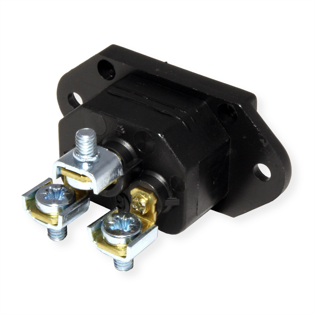 Zwarte elektrische connector met schroeven op een witte achtergrond.