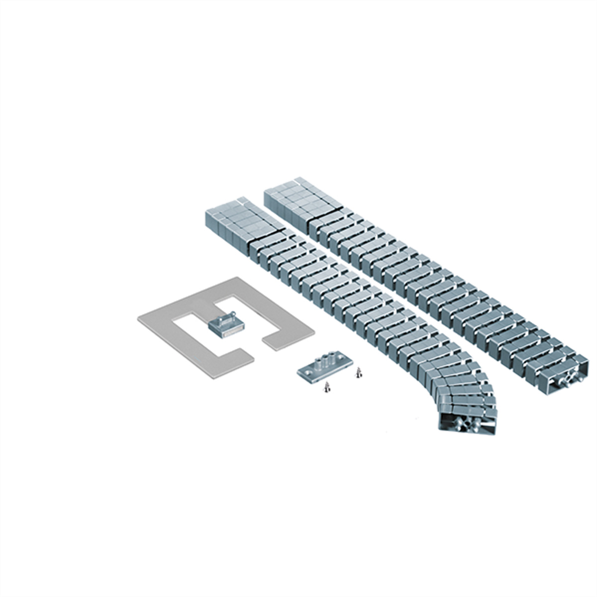 Kabelmanagementonderdelen, waaronder grijze plastic rails en connectoren.
