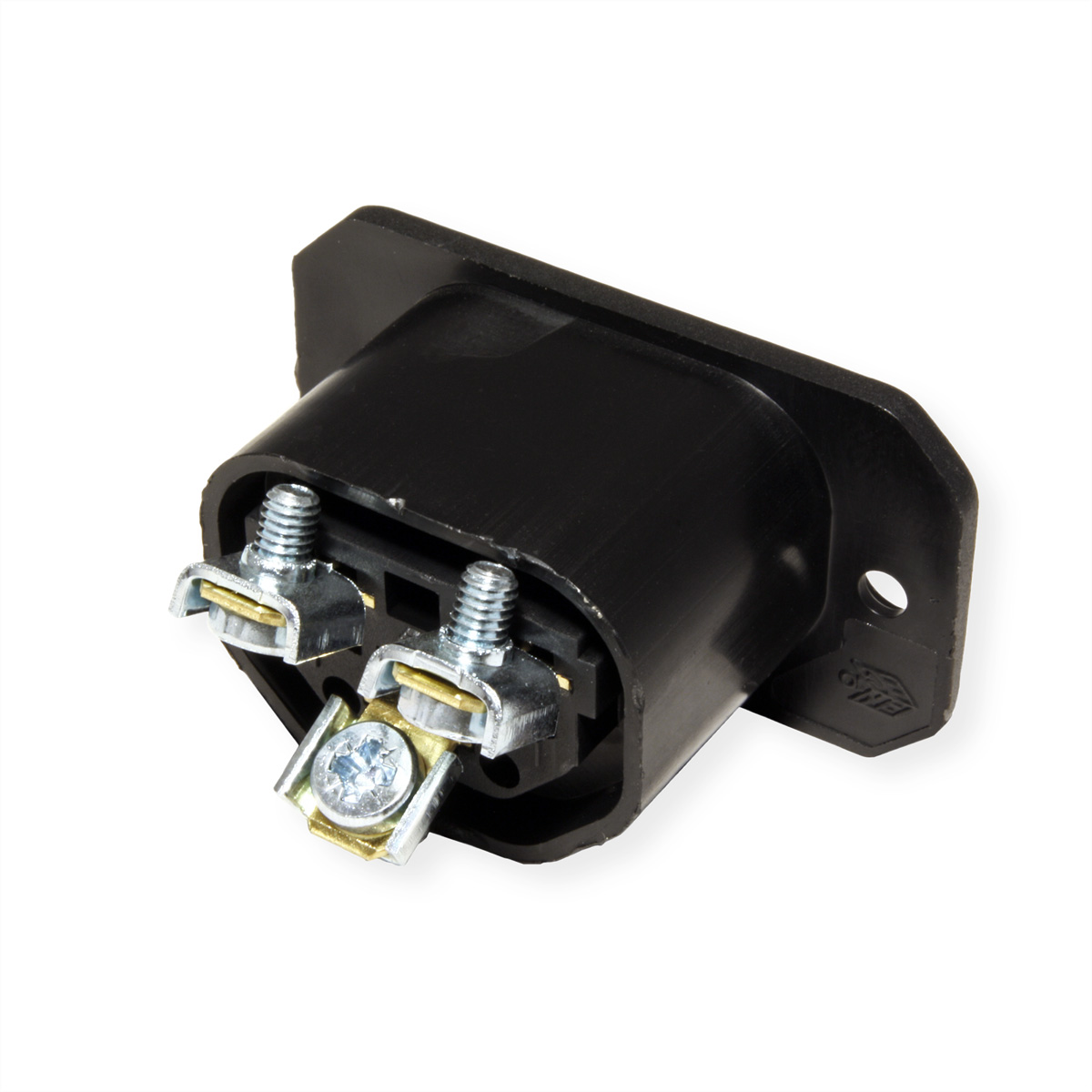 Zwarte voedingsconnector met schroeven en aansluitingen. Witte achtergrond.