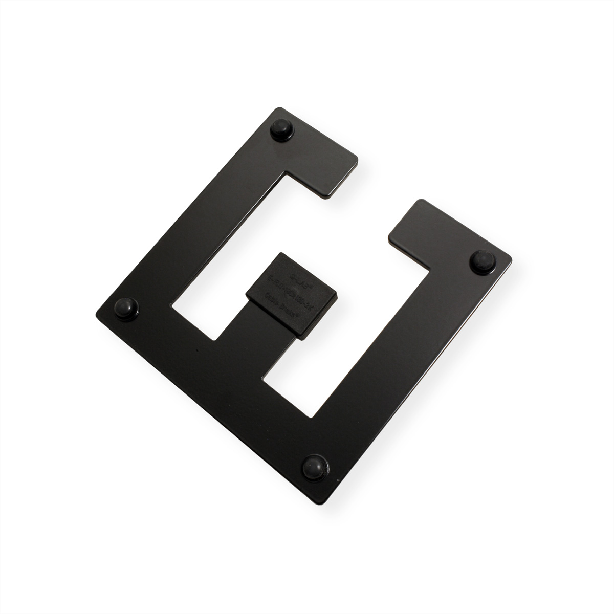 Een zwarte, vierkante metalen basis met een uitgesneden 'G'-vorm en vier rubberen voetjes.