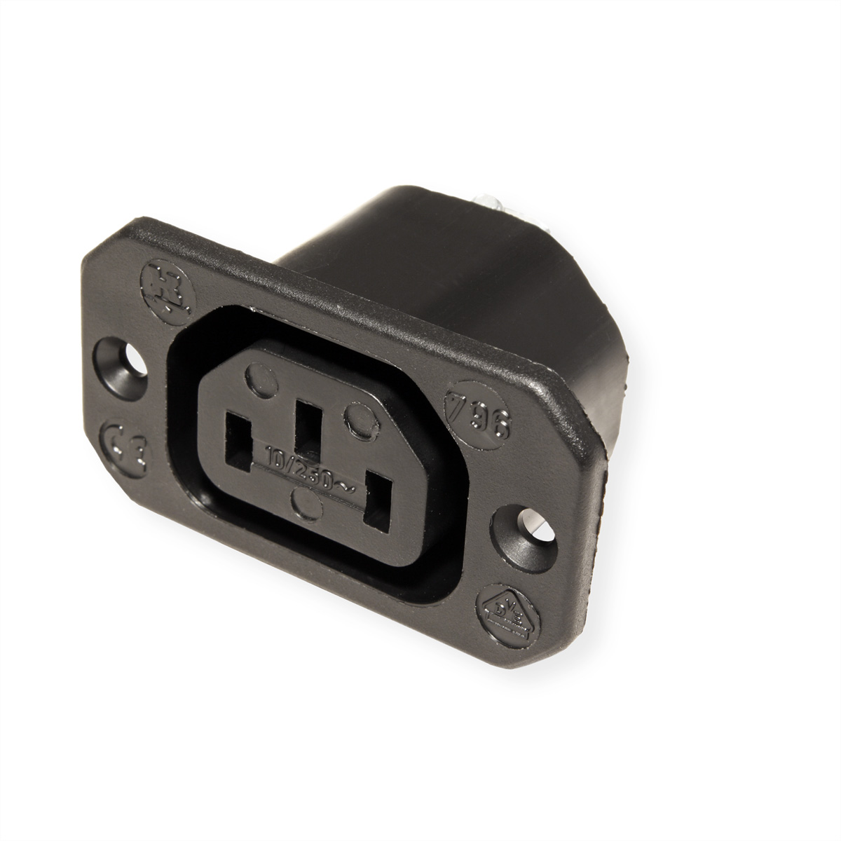 Zwarte elektrische connector met drie gaten op een witte achtergrond.