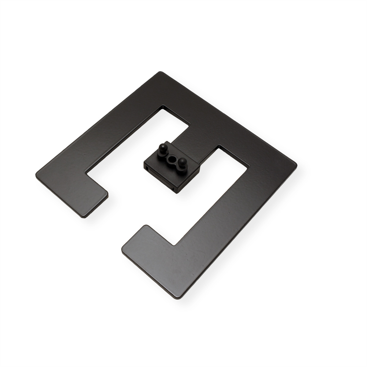 Zwart metalen frame, een vierkante vorm met een U-vorm erin. Het is een houder.