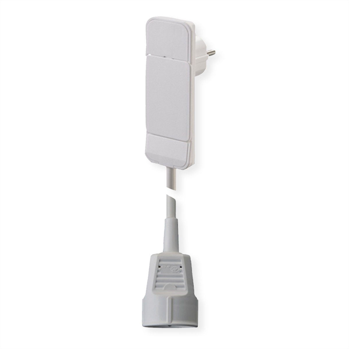 Witte voedingsadapterkabel met een stekker en connector. Witte achtergrond.