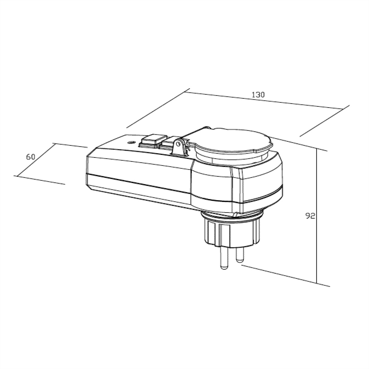 Diagramma di un adattatore per spina. Dimensioni: 130 mm, 60 mm e 92 mm. Bianco e nero.