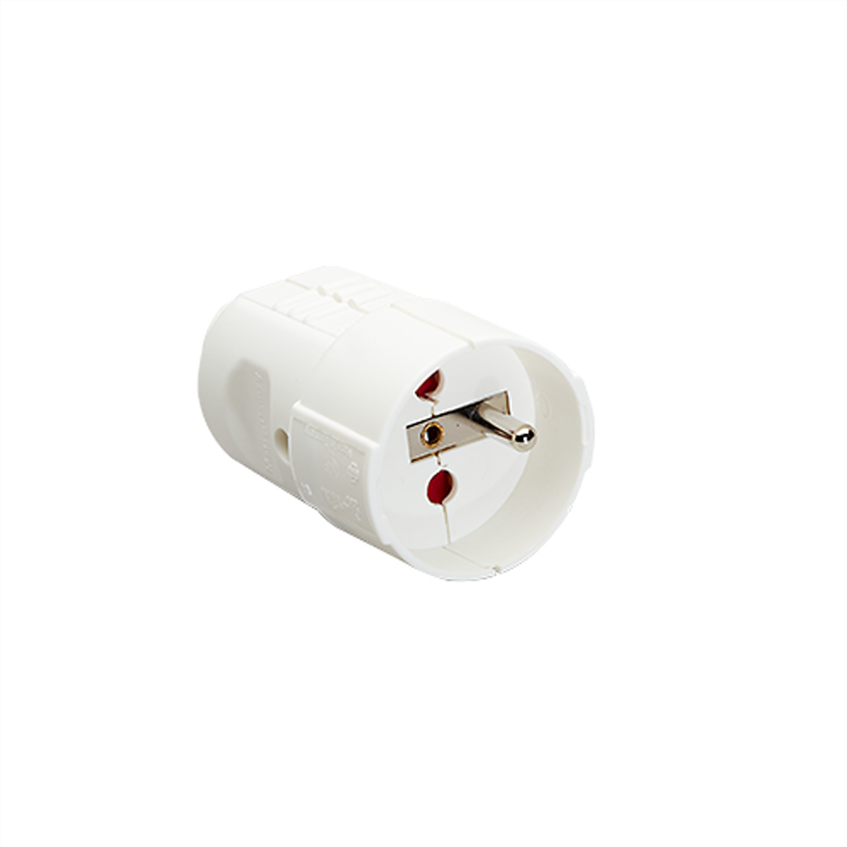 Witte Europese stekkeradapter. Het heeft twee rode gaten en een centrale metalen pin.