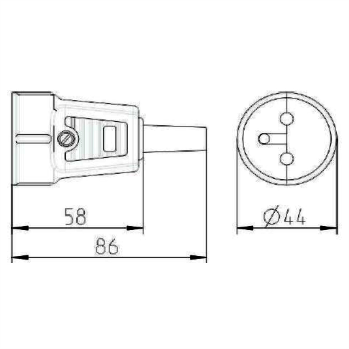 Technische tekening van een elektrische stekker met afmetingen 58x86mm en diameter 44mm.