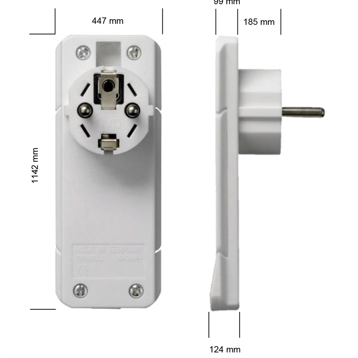 Een witte, rechthoekige voedingsadapter met een stopcontact en stekker, en afmetingen in mm.