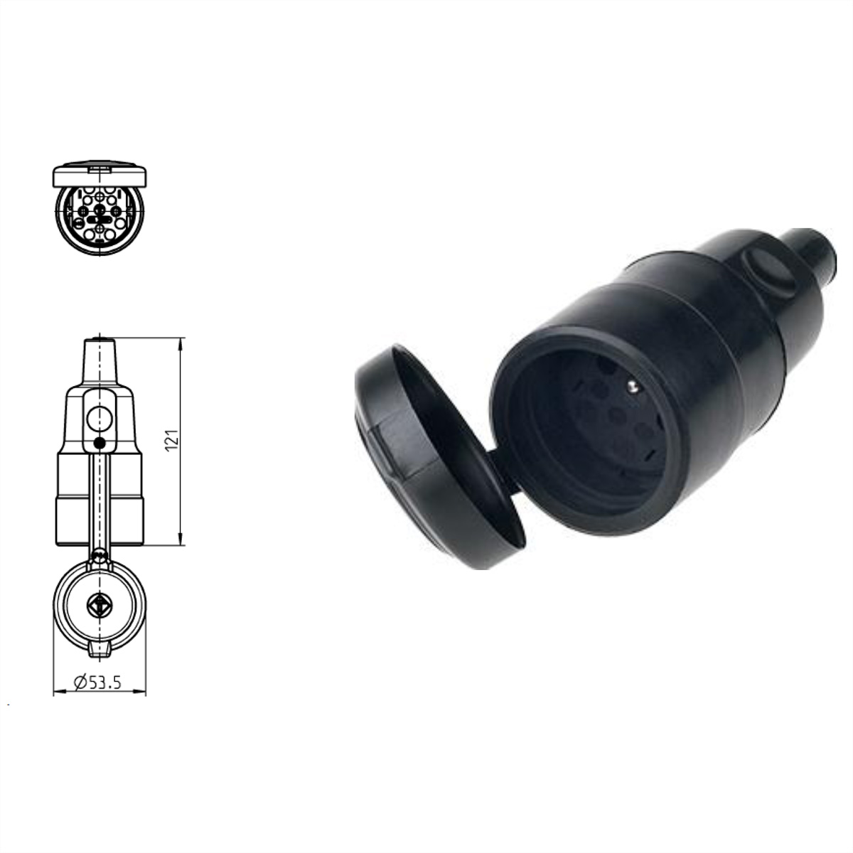 Zwarte elektrische connector met diagram en afmetingen. De connector heeft een open deksel, met een witte achtergrond.
