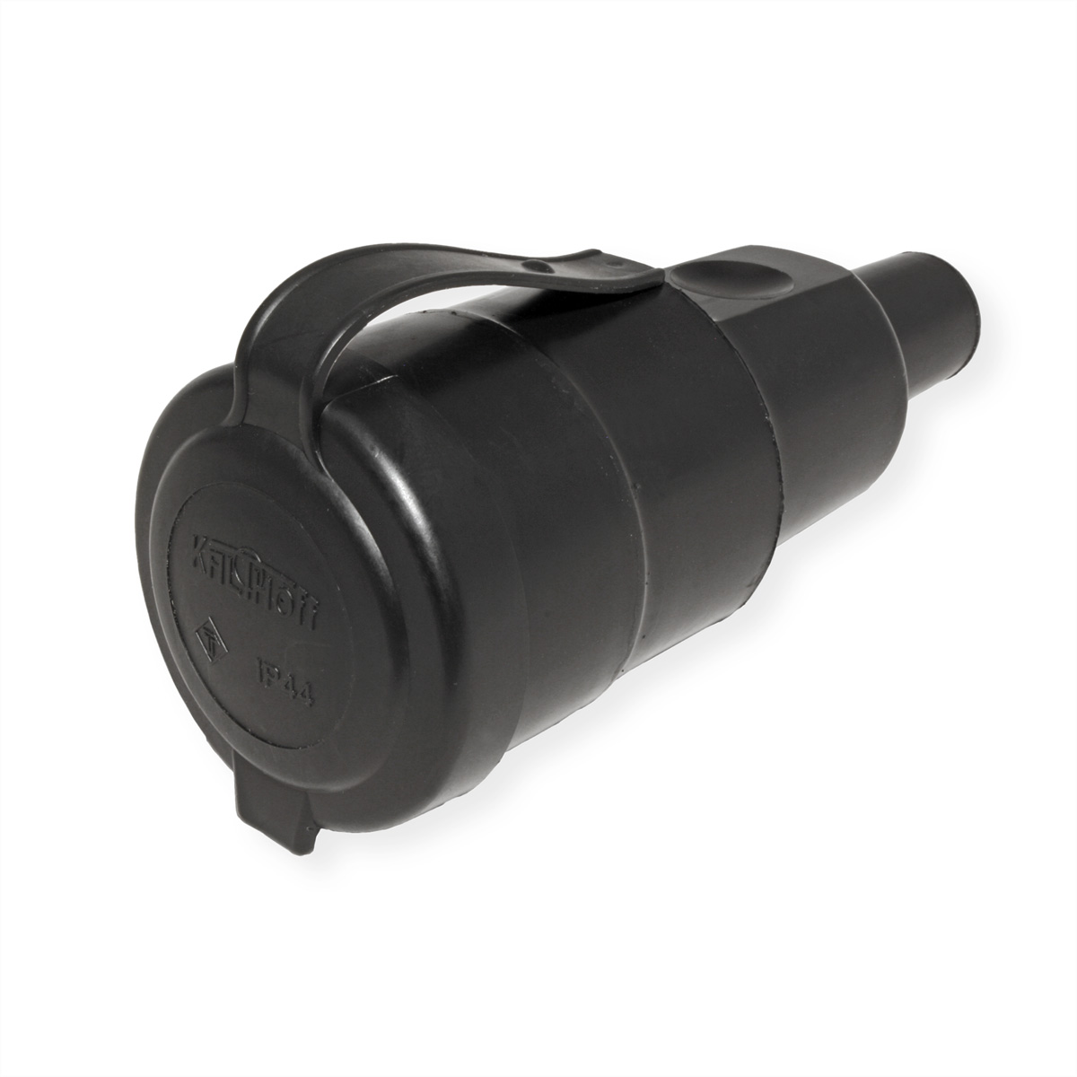 Zwarte elektrische connector met een gebogen handgreep.