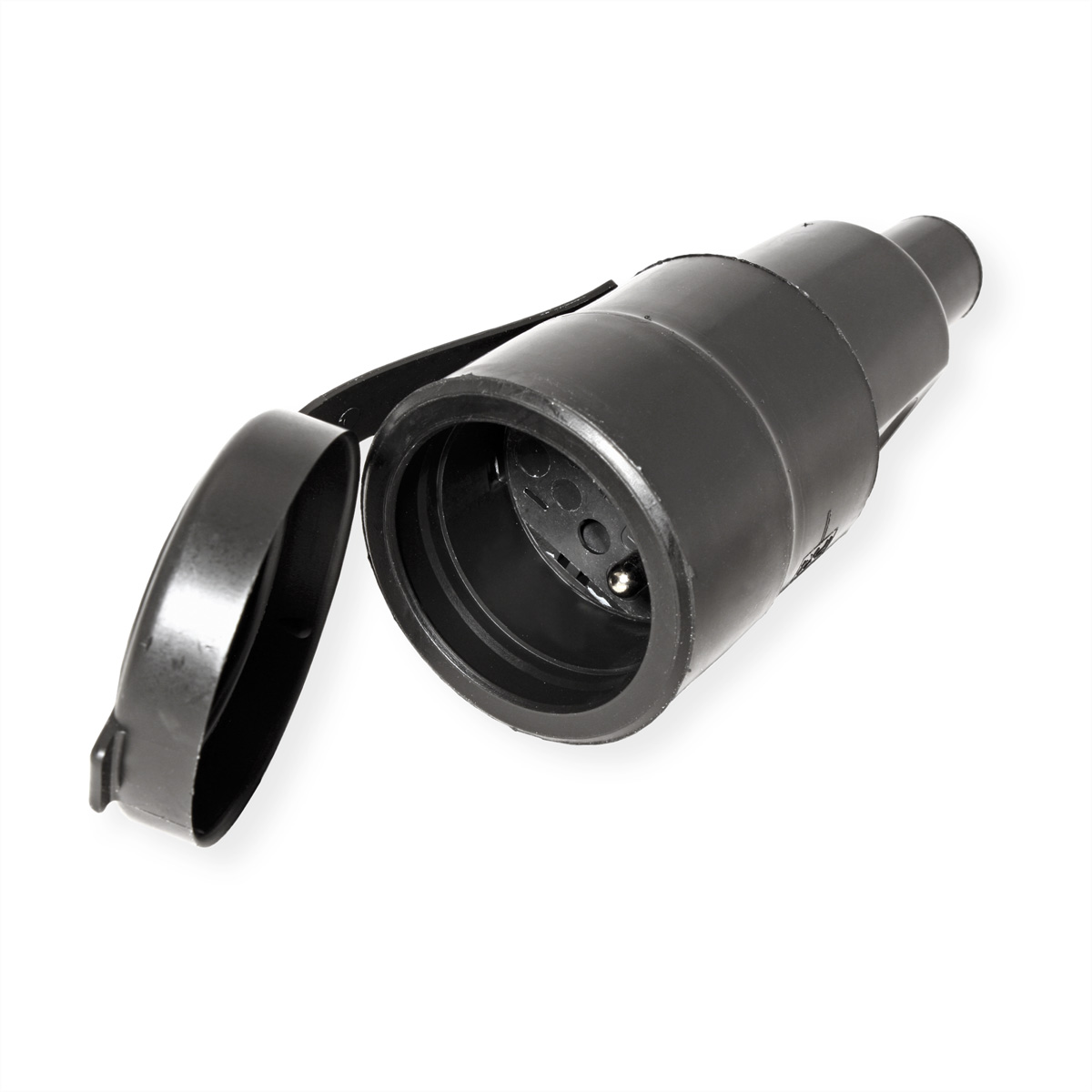 Zwarte elektrische connector met gesloten deksel, op een witte achtergrond.