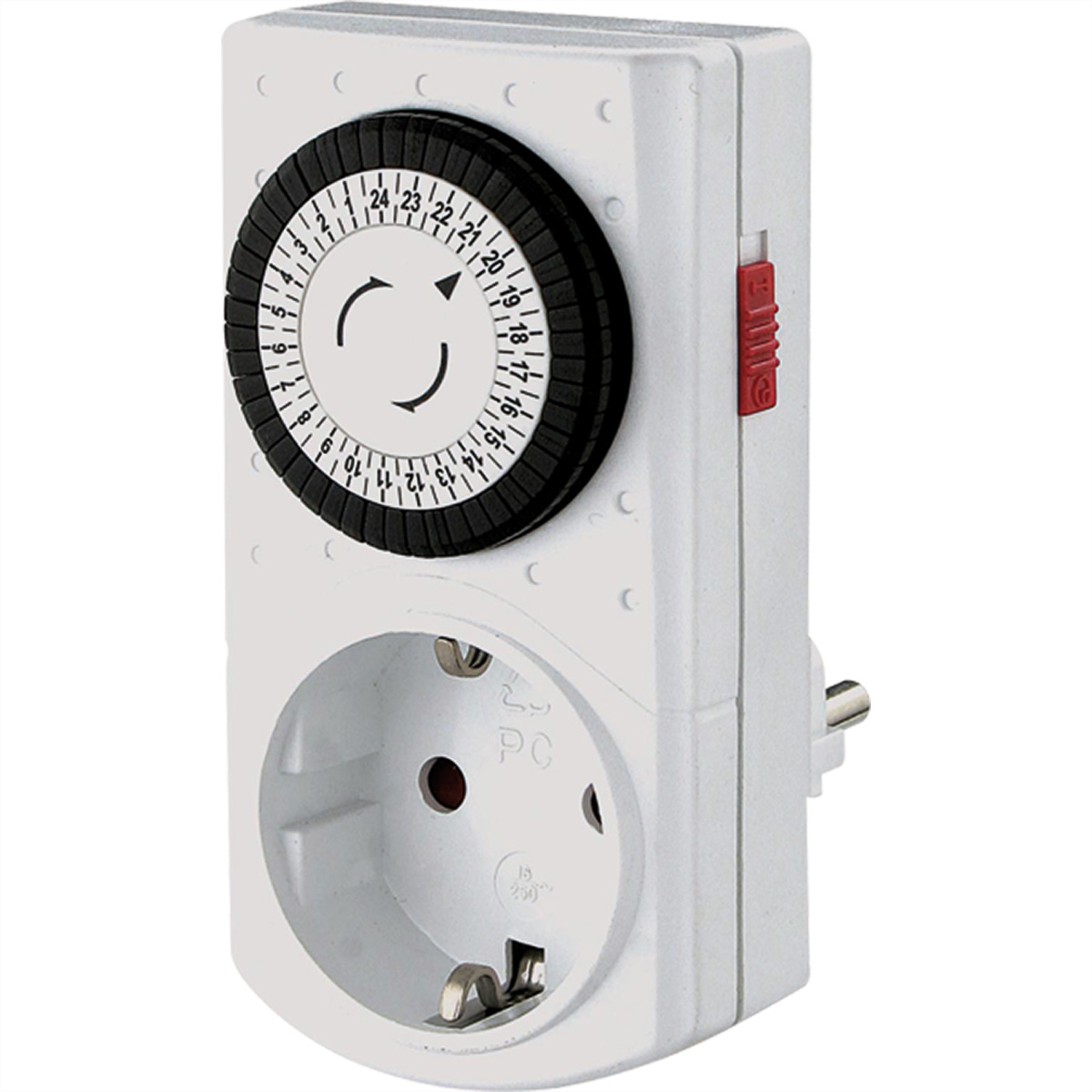 Un timer elettrico bianco con un quadrante nero e un interruttore rosso sul lato.