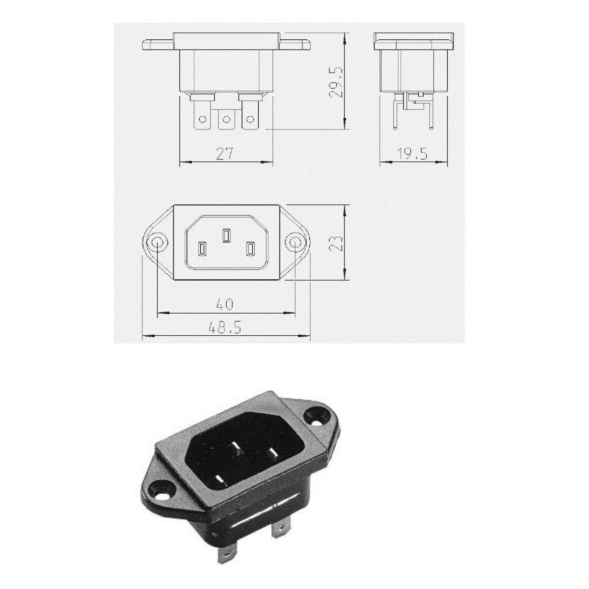 Tekening van een elektrische connector met afmetingen.