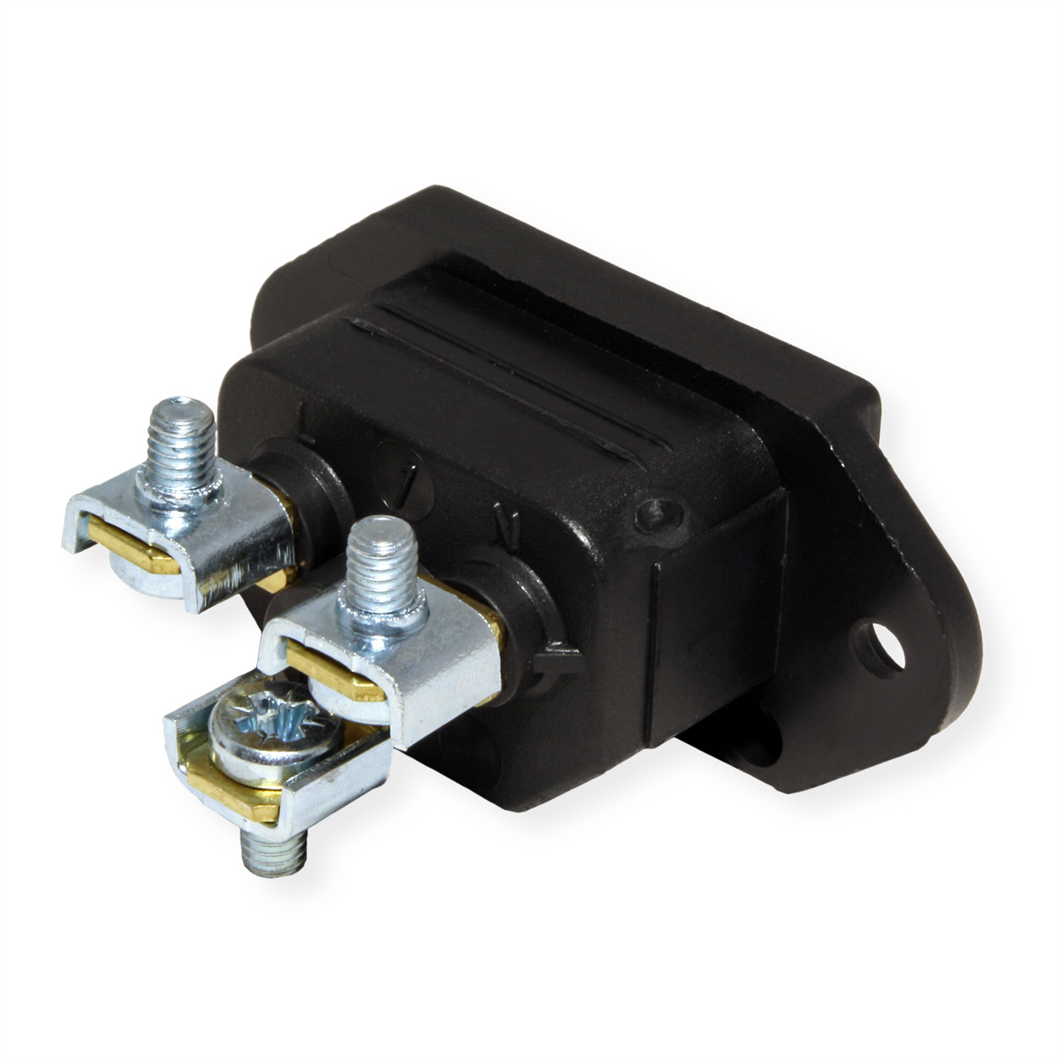 Zwart elektrisch onderdeel met schroeven en metalen connectoren, op een witte achtergrond.