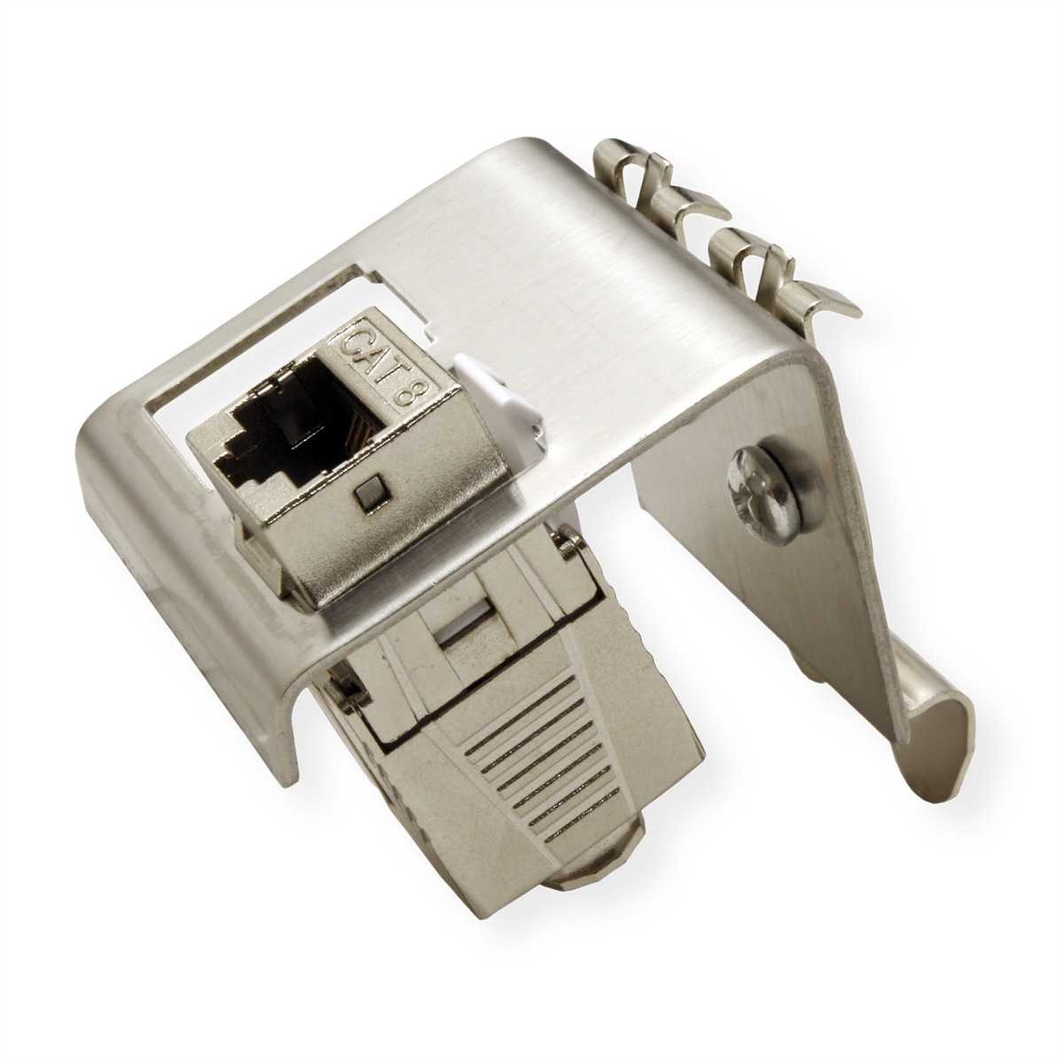 Connecteur métallique Cat 8 avec insert en plastique blanc et support de montage.
