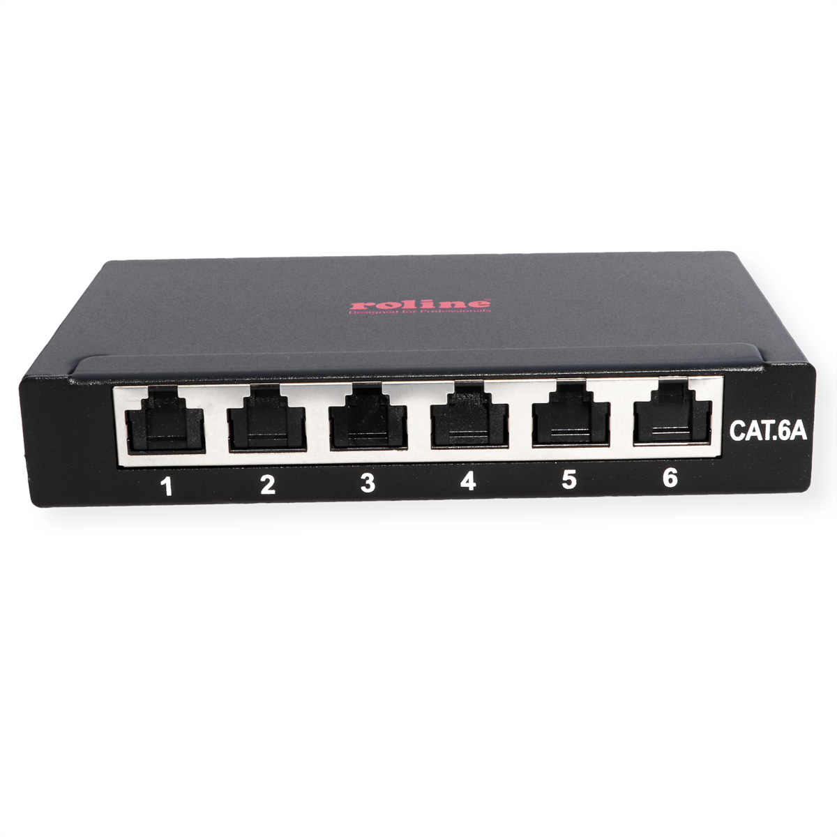 Commutateur réseau noir avec six ports RJ45, numérotés de 1 à 6, sur fond blanc.