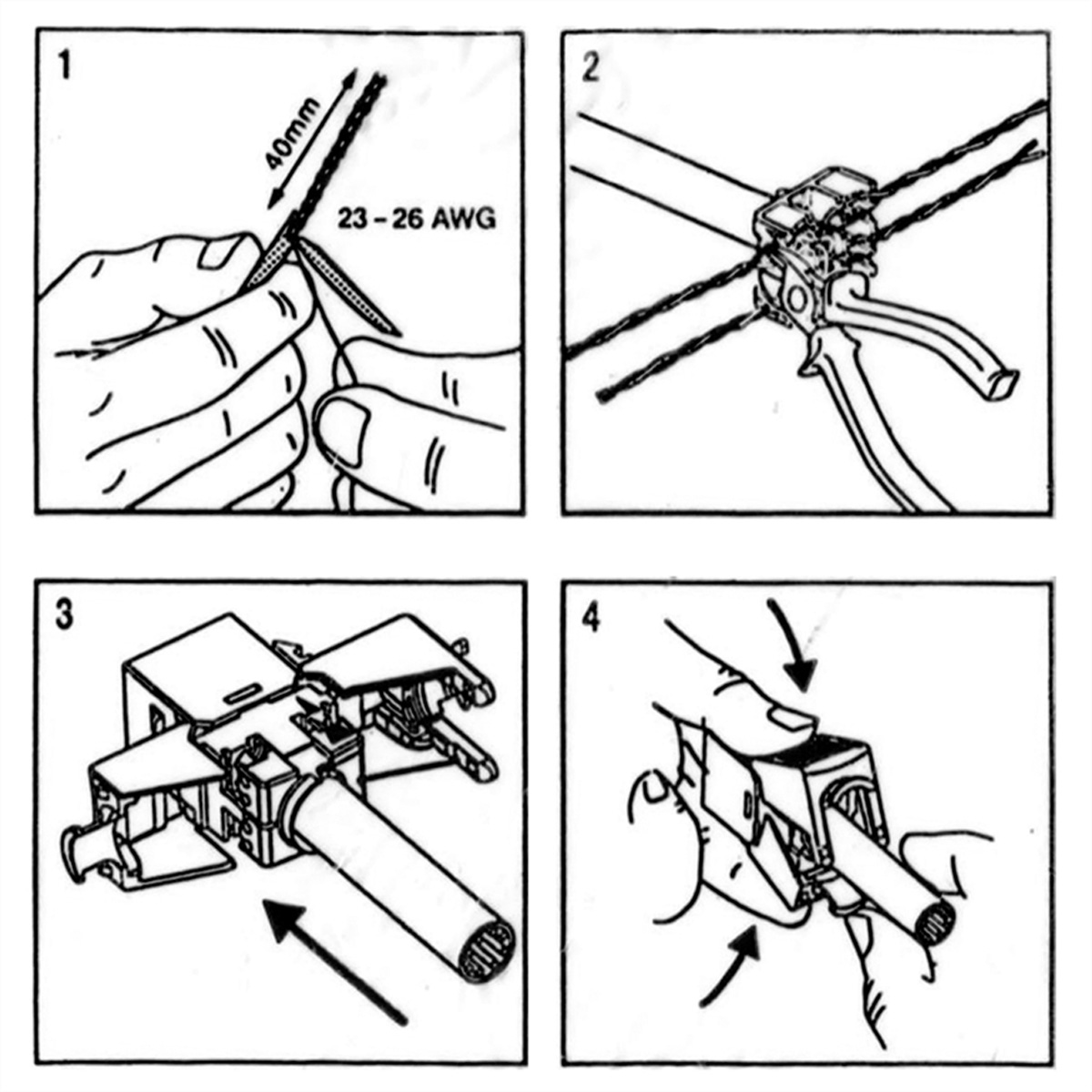 Diagramme en quatre panneaux montrant comment connecter des fils. Des mains sont montrées en train de travailler avec des fils.