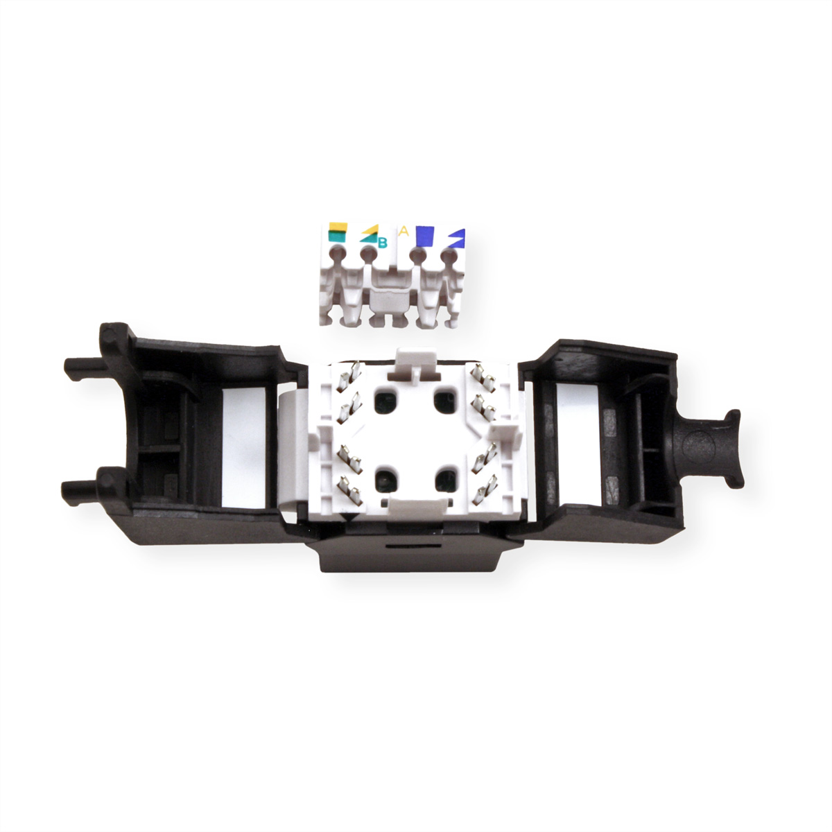 Connecteur électrique avec des pièces en plastique noir et blanc. Un petit connecteur multicolore est détaché.