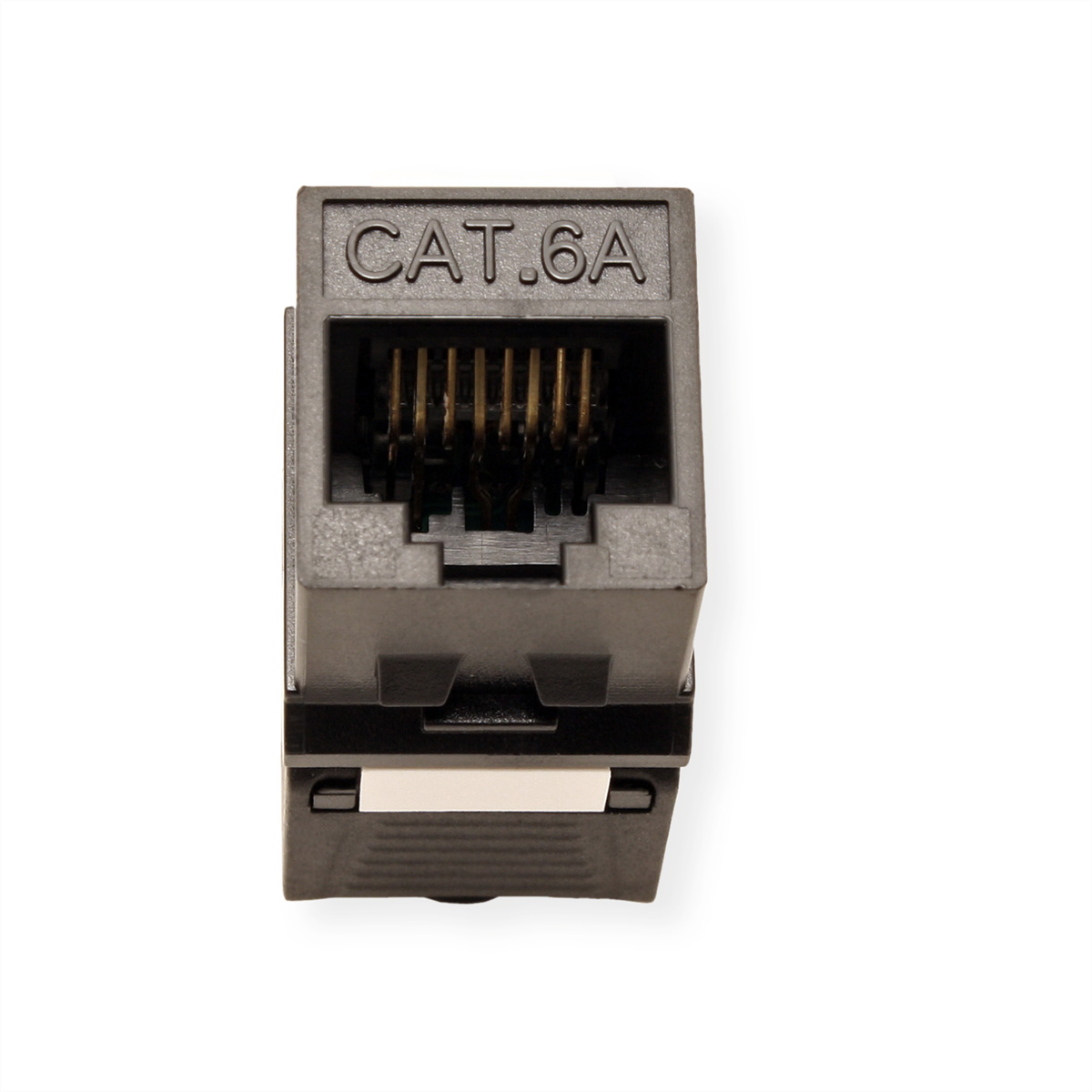 Connecteur réseau CAT.6A noir. Vue de dessus sur fond blanc.