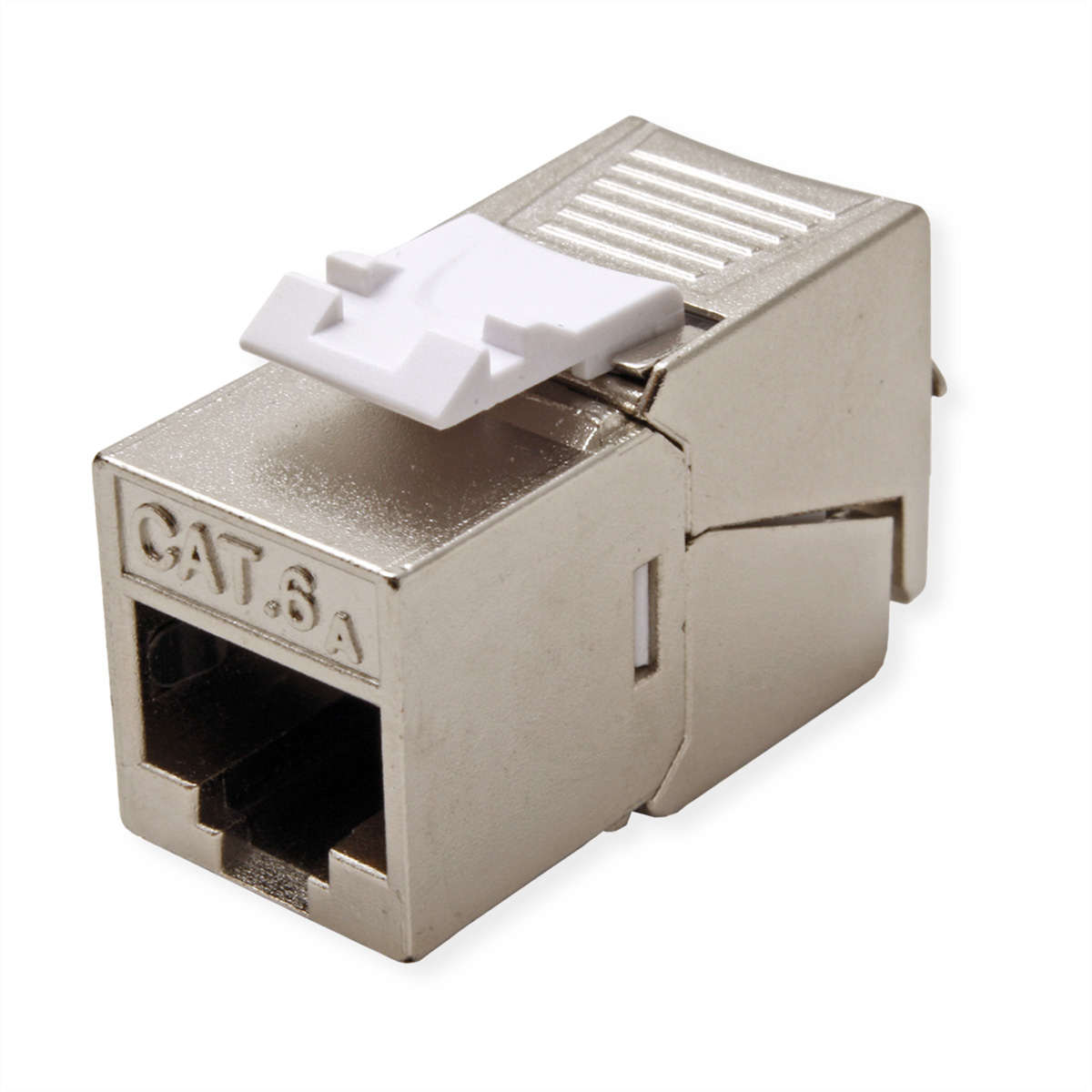 Connecteur RJ45 argenté avec clip blanc. L'étiquette indique CAT.6A.