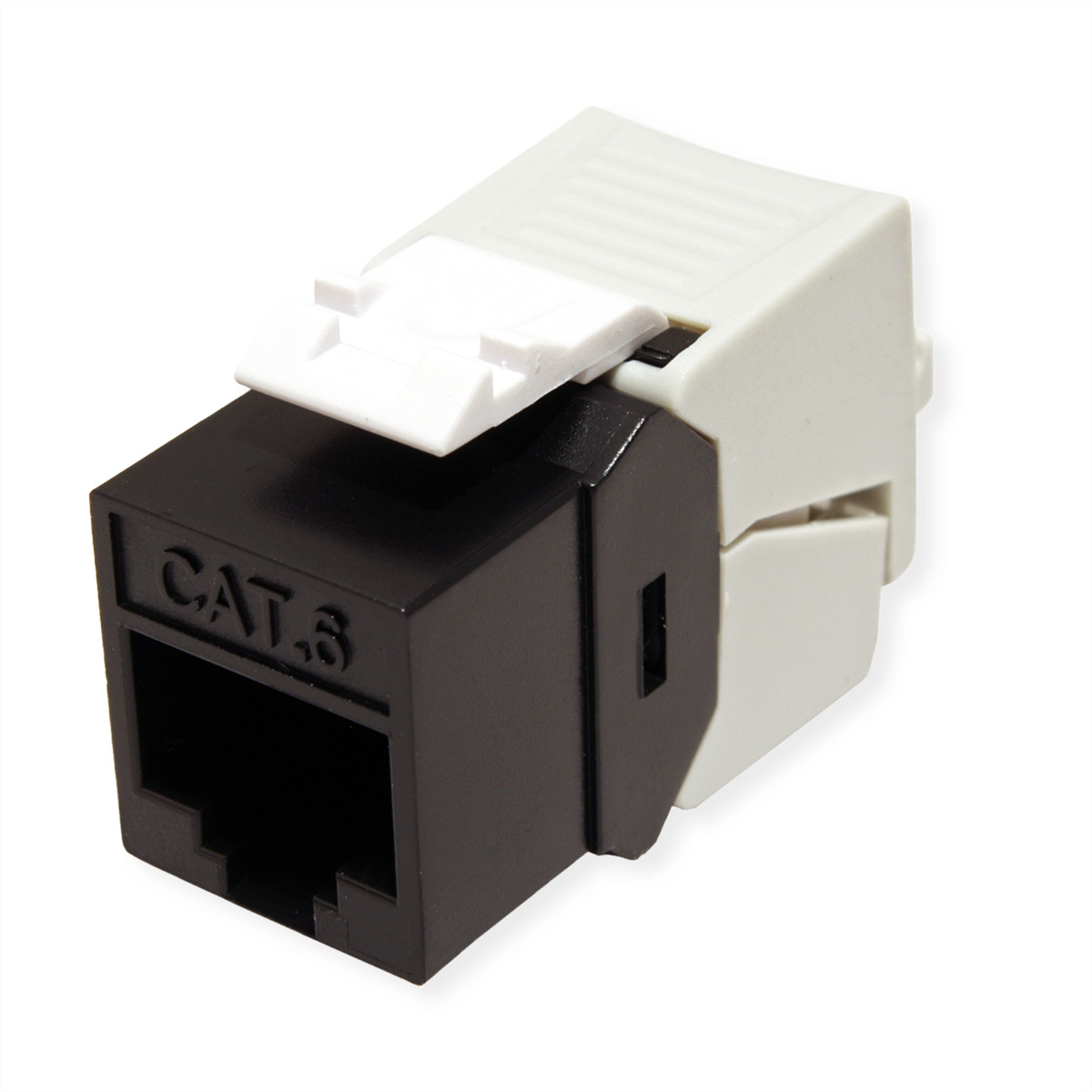 Een zwart-witte CAT.6 ethernet connector, met een kleine hendel.