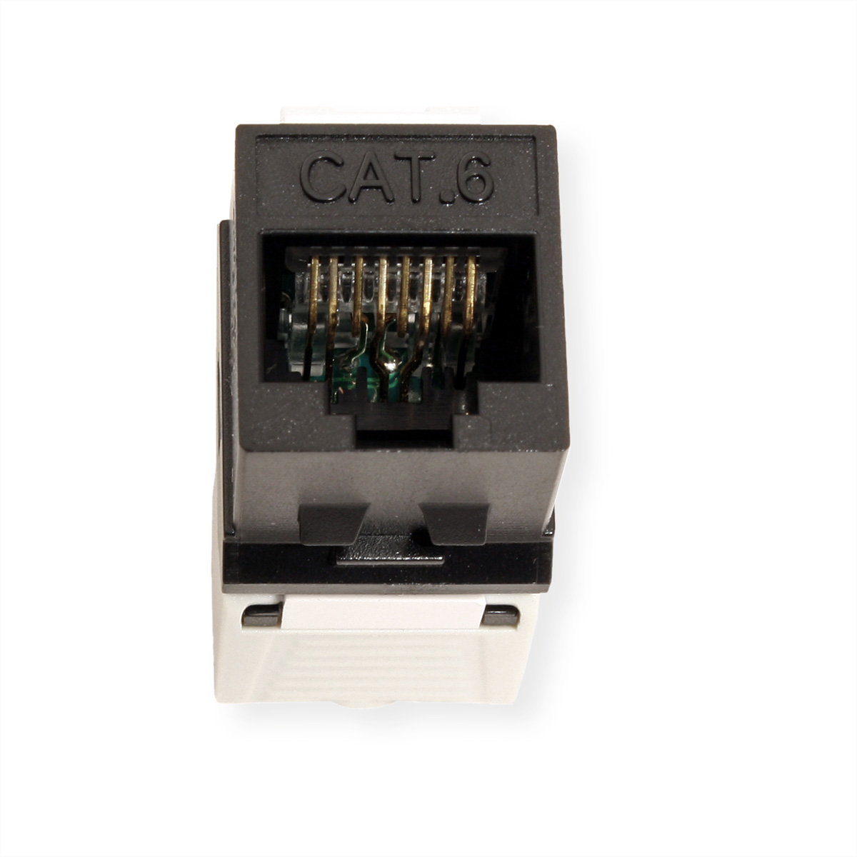 Netwerk keystone-jack, zwart en wit, gelabeld CAT.6, op een witte achtergrond.